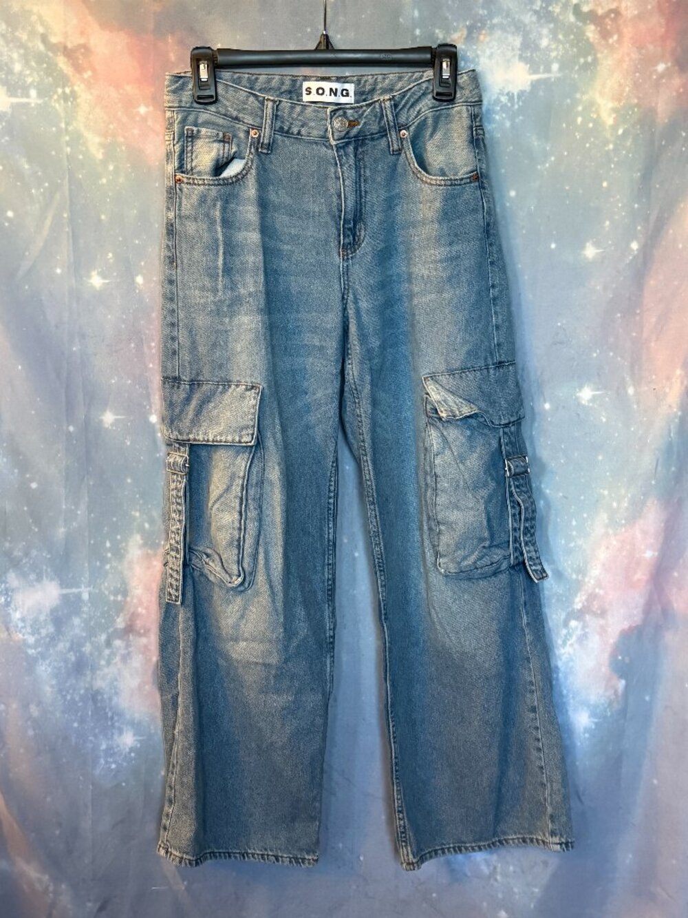 S.O.N.G. SONG High Rise Wide Leg Cargo Jeans Light Wash 100% Cotton Utility 0/24